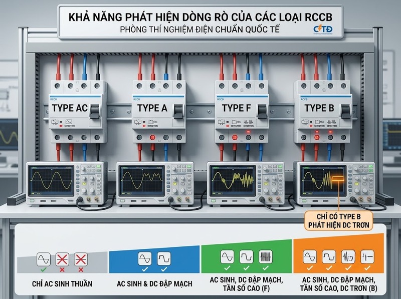 RCCB Type AC, A, F và B khác nhau thế nào?